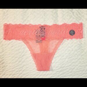 Women's NWT Aerie Pink Lace Thong Size M Coral Tanga New Sheer Panty